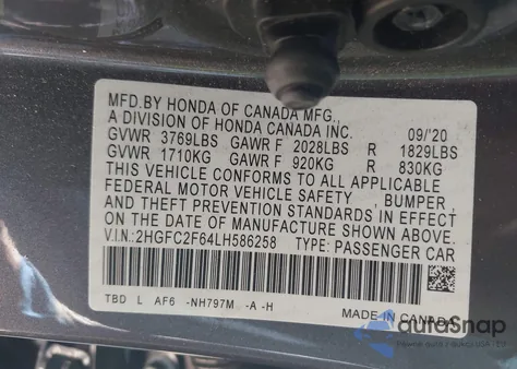 2020 Honda Civic Lx from USA, damaged, VIN 2HGFC2F64LH586258